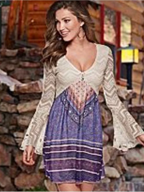 Venus Boho Lace-Trim Mini Dress in Cream and Purple - Picture 4 of 5